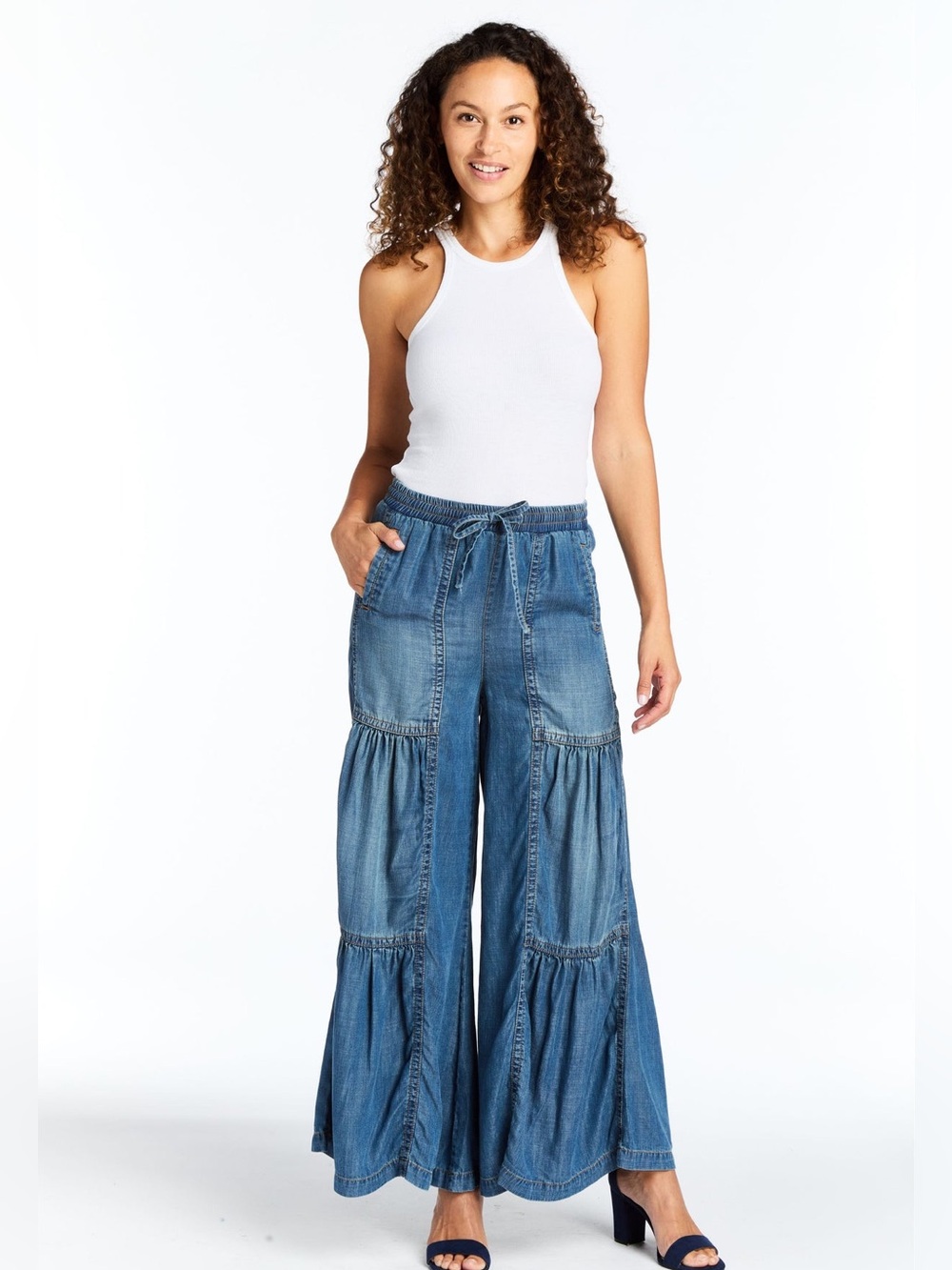 Drawstring Tiered Wide Leg Pull On Pants Size Large